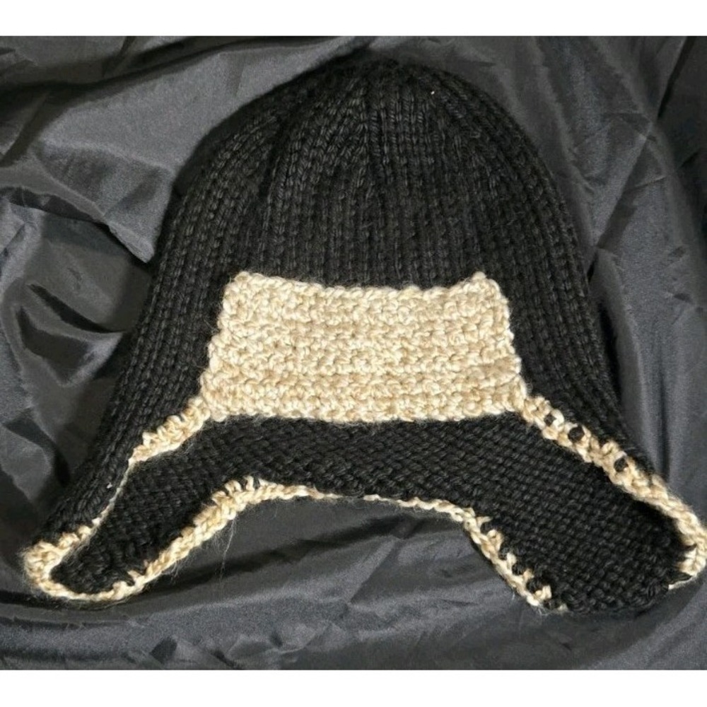 Unbranded Black Thick Hand Knit Winter Cap With Earflaps